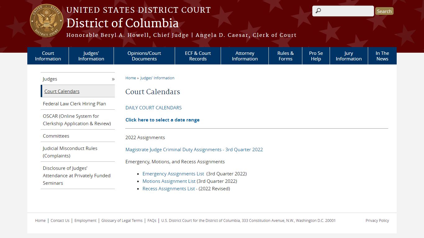 Court Calendars | District of Columbia - United States Courts